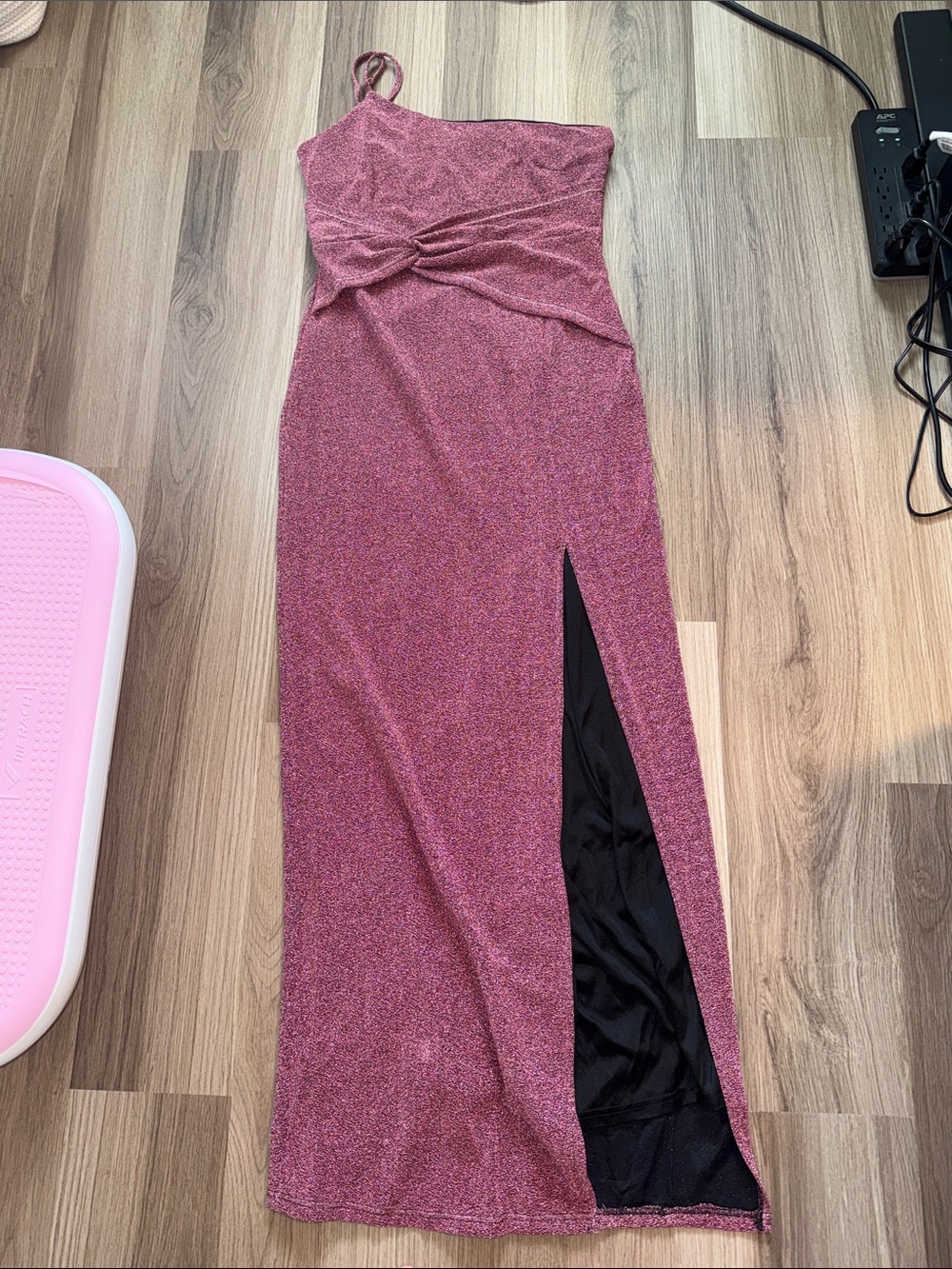 One-Shoulder Pink Sparkle Evening Dress with Side Slit